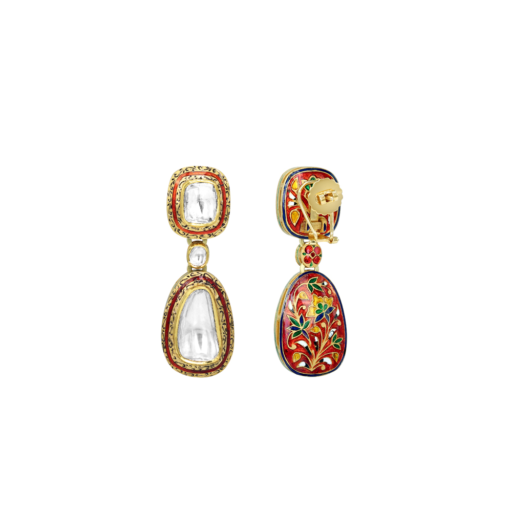 Uncut Diamond Polki Earrings with Red Enamel